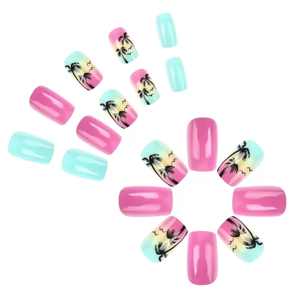 CTTHNBD Press on Nails Short - Square Fake Nails with Coconut Tree Design - Pink Blue False Nails Press ons - for Women Summer Manicure 24 Pcs