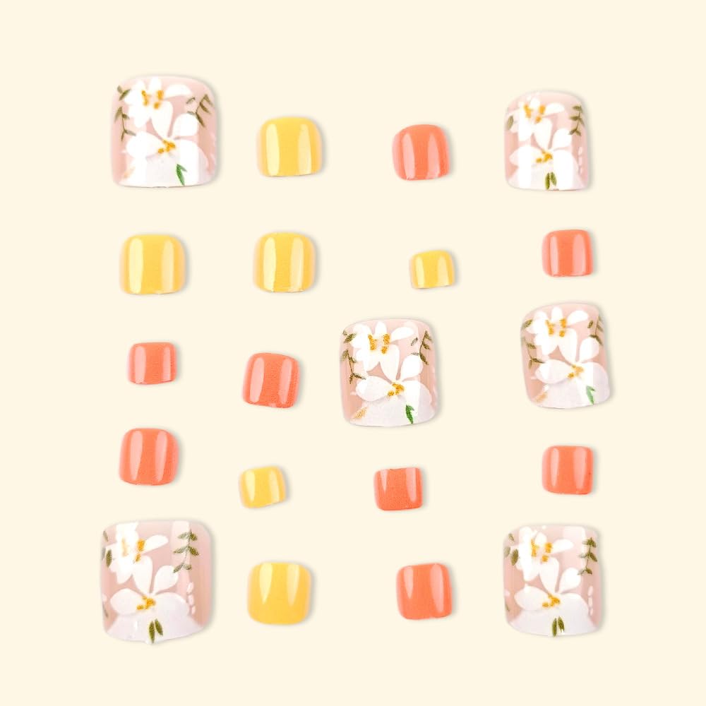 Yellow Press on Toenails Short Square Fake Toe Nails with Flower Green Leaf Design Glossy Orange Glue on Toenails Cute Summer False Toenails Spring Stick on Toenails for Women Girls Manicure 24Pcs