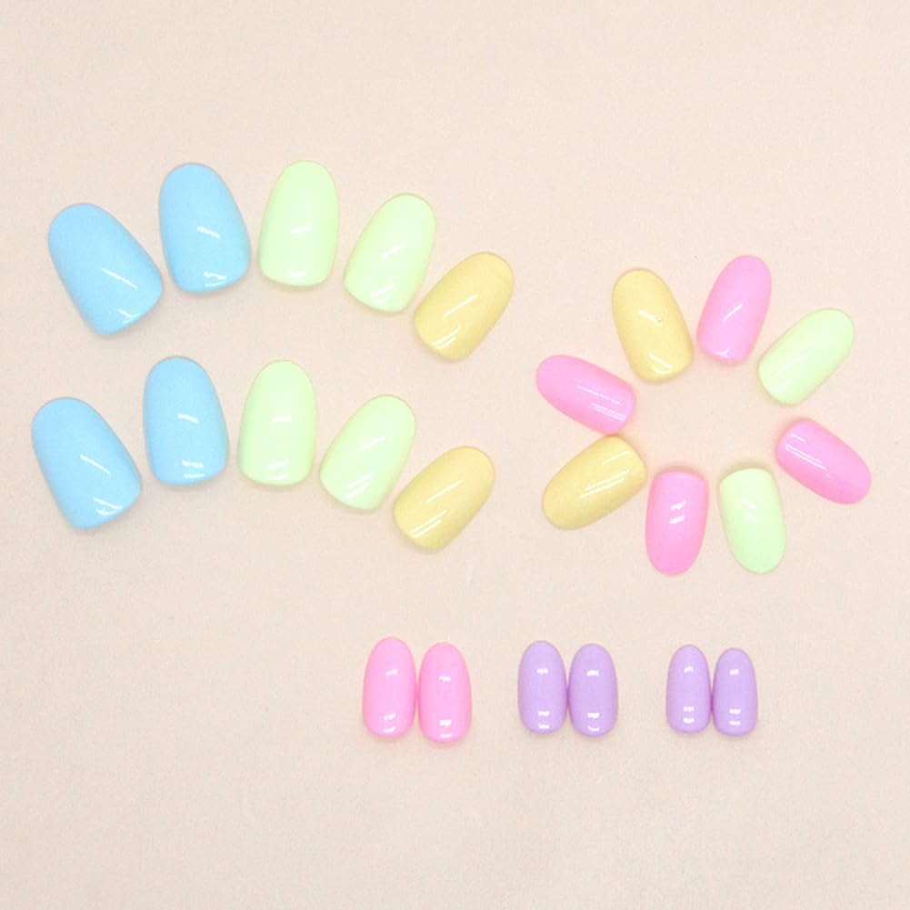 Short Fake Nails - Acrylic Press Ons, Almond Squoval Glossy False Nails with Multi-Color Rainbow Designs - 24 Pcs