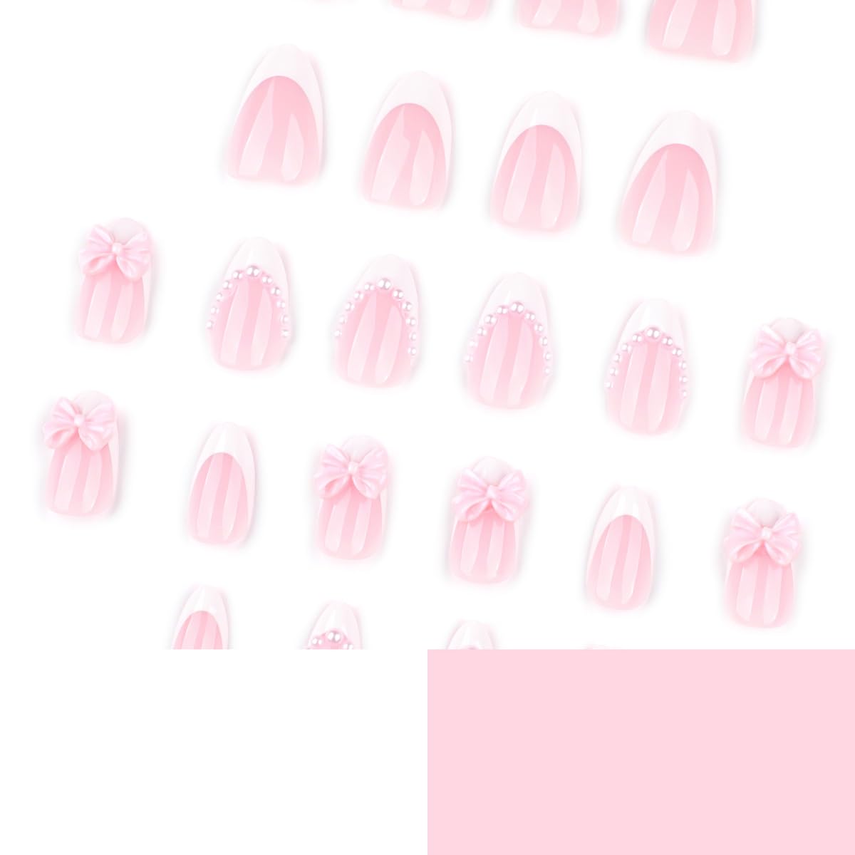 French Tip Press on Nails Short Almond Fake Nails Cute Pink White Nails Press ons with Bow Pearls Design Reusable Artificial Nail Full Cover Stick on Nails for Women Manicure 24Pcs