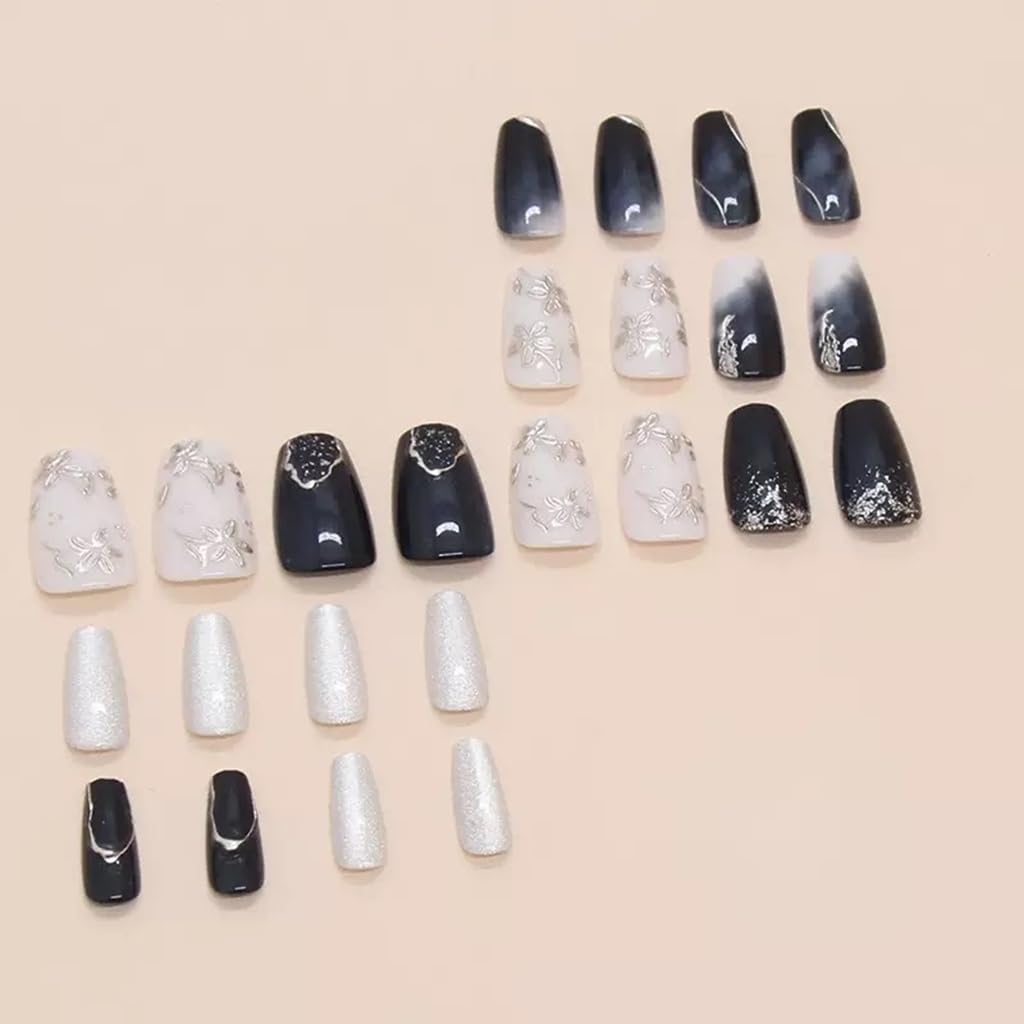 Medium Press on Nails Coffin - Silver Flower Fake Nails with Embossed Design - Blue Ombre Full Cover Stick on False Nails - for Women 24 Pcs