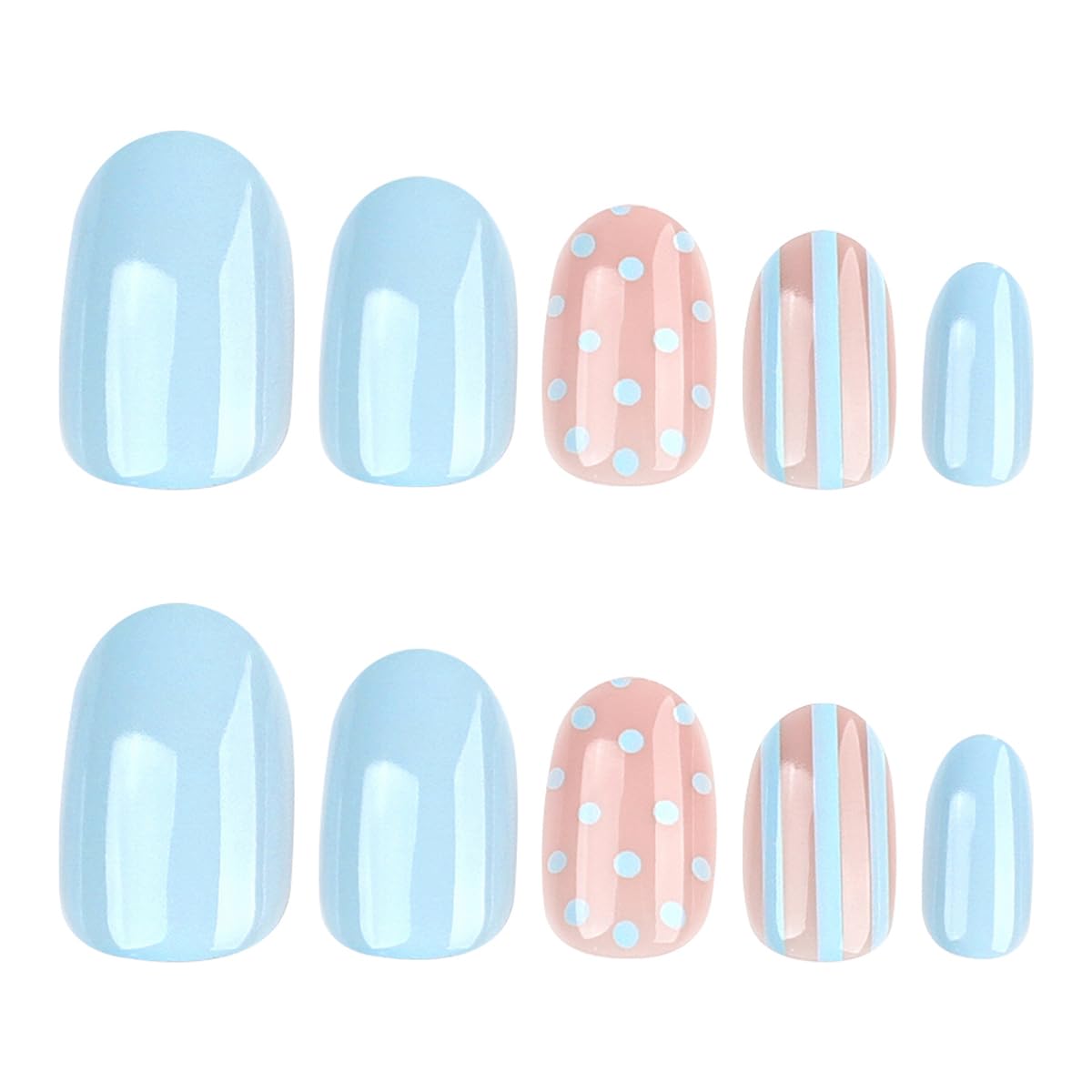 QUNQINLI Blue Press on Nails Short Oval Fake Nails Press ons Nail Art Tips Kit with Polka Dot Stripes Design Nude False Nails Full Cover Glossy Glue on Nails Stick on Nail for Women Manicure 24 Pcs