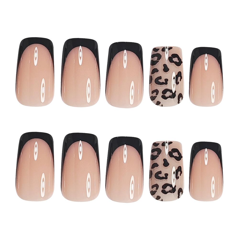 Black Leopard Print Press on Nails Medium Square Fake Nails Black French False Nails with Cheetah Print Design Stick on Nails for Women Girls Manicure Decoration 24 Pcs