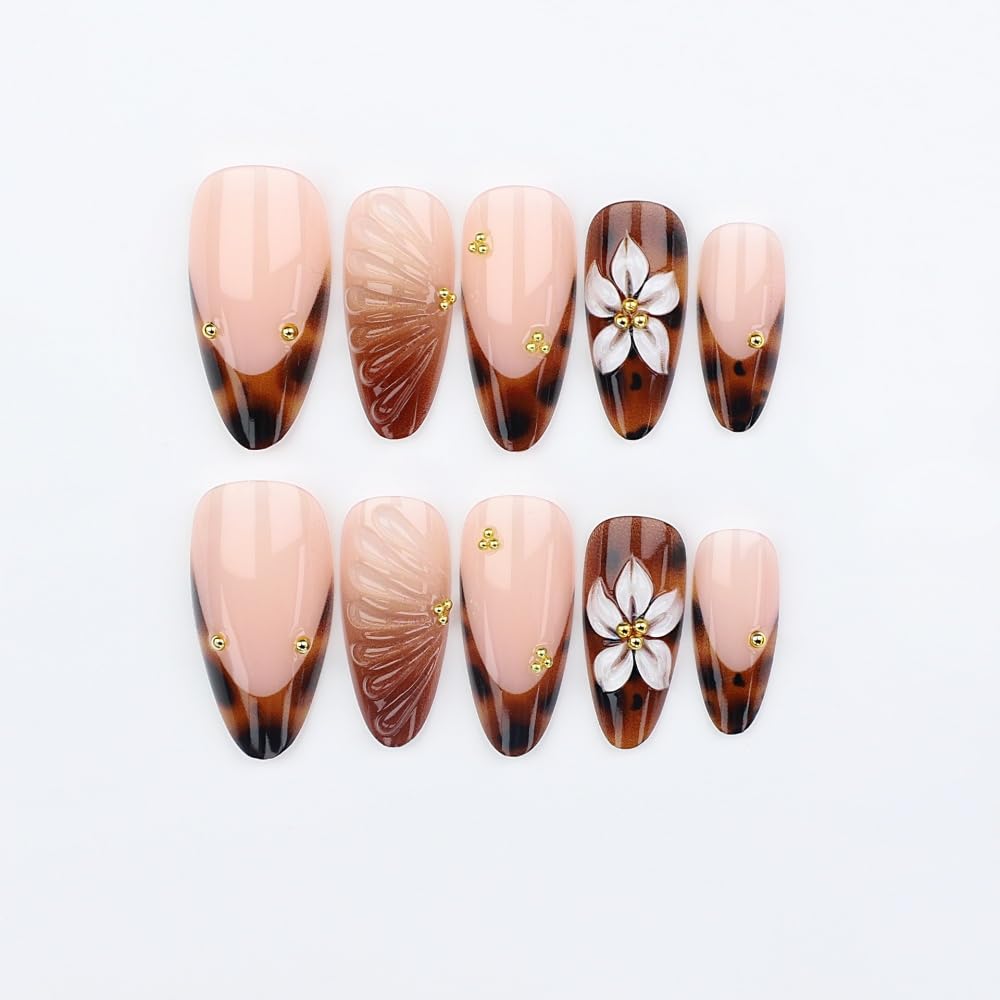 Almond Press on Nails Medium Glue on Nail with 5D Rhinestones Flower Charm Design Glossy Tortoise Shell French Tips Acrylic Nails Ombre Brown Fake Nails Fall Winter Nail for Women Manicure 24Pcs