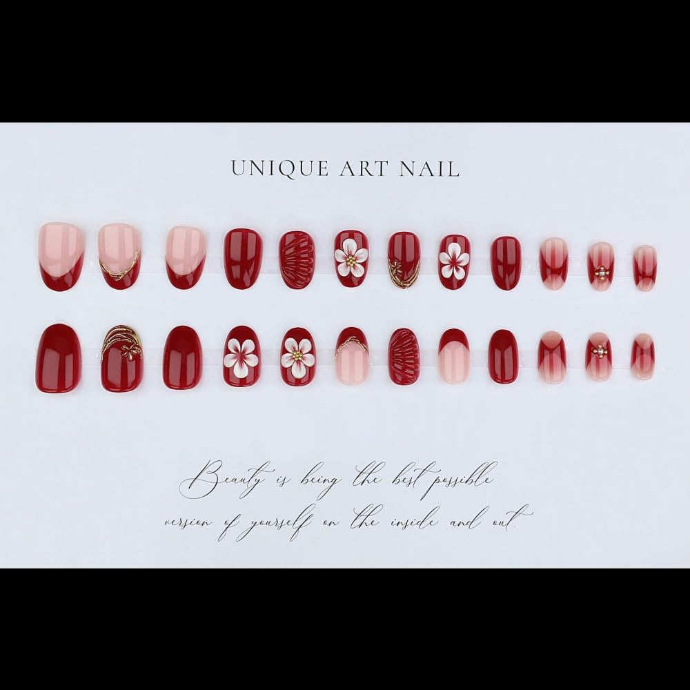 Red Press on Nails Short Almond Fake Nails with 5D Flower Design French Tips Glue on Nail Glossy Ombre Dark Red Nails Press ons Reusable Full Cover Gold Lines Acrylic Nail for Women Manicure 24Pcs