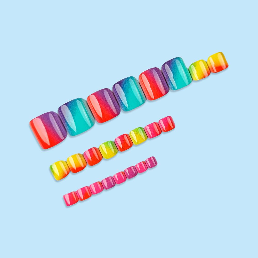 Colorful Press on Toenails Short Square Fake Toe Nails with Ombre Design Glossy Summer False Toenails Cute Spring Stick on Toenail Reusable Full Cover Glue on Toenail for Women Girls Manicure 24Pcs