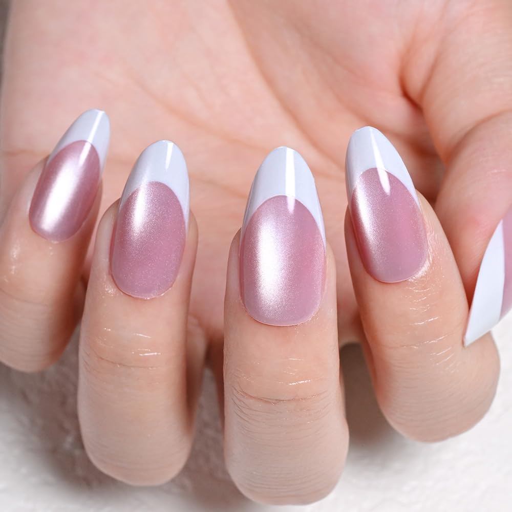 evpct Pink Cat Eye French Tip Press on Nails Almond Medium No Glue, White French Tip Medium Almond Holographic Stick on Nails for Women, Reusable Full Cover Soft Press on Nail Perfectly with Design