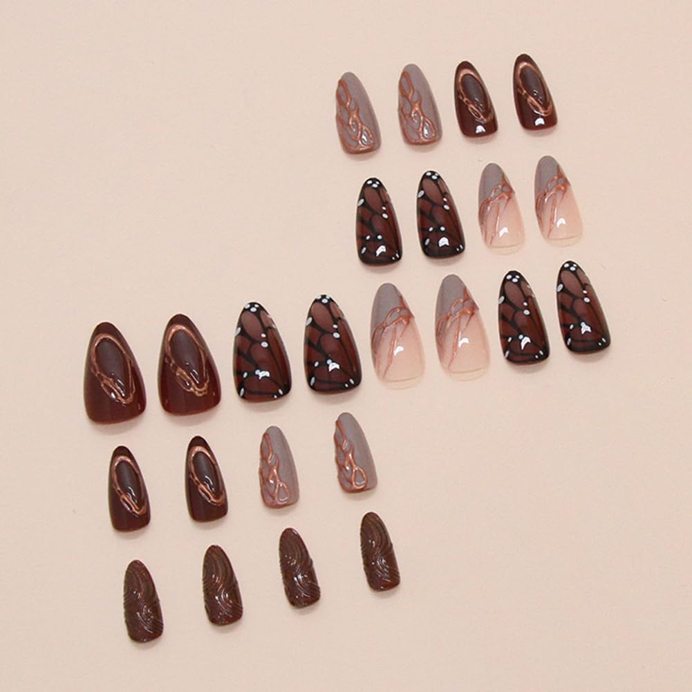 24Pcs Medium Almond Press on Nails Brown Acrylic False Nails With Butterfly Designs Fake Fingernails 3D Gold Curve Line Glossy Full Cover Artificial Fale Nails Kit Reusable Women Girls Manicure