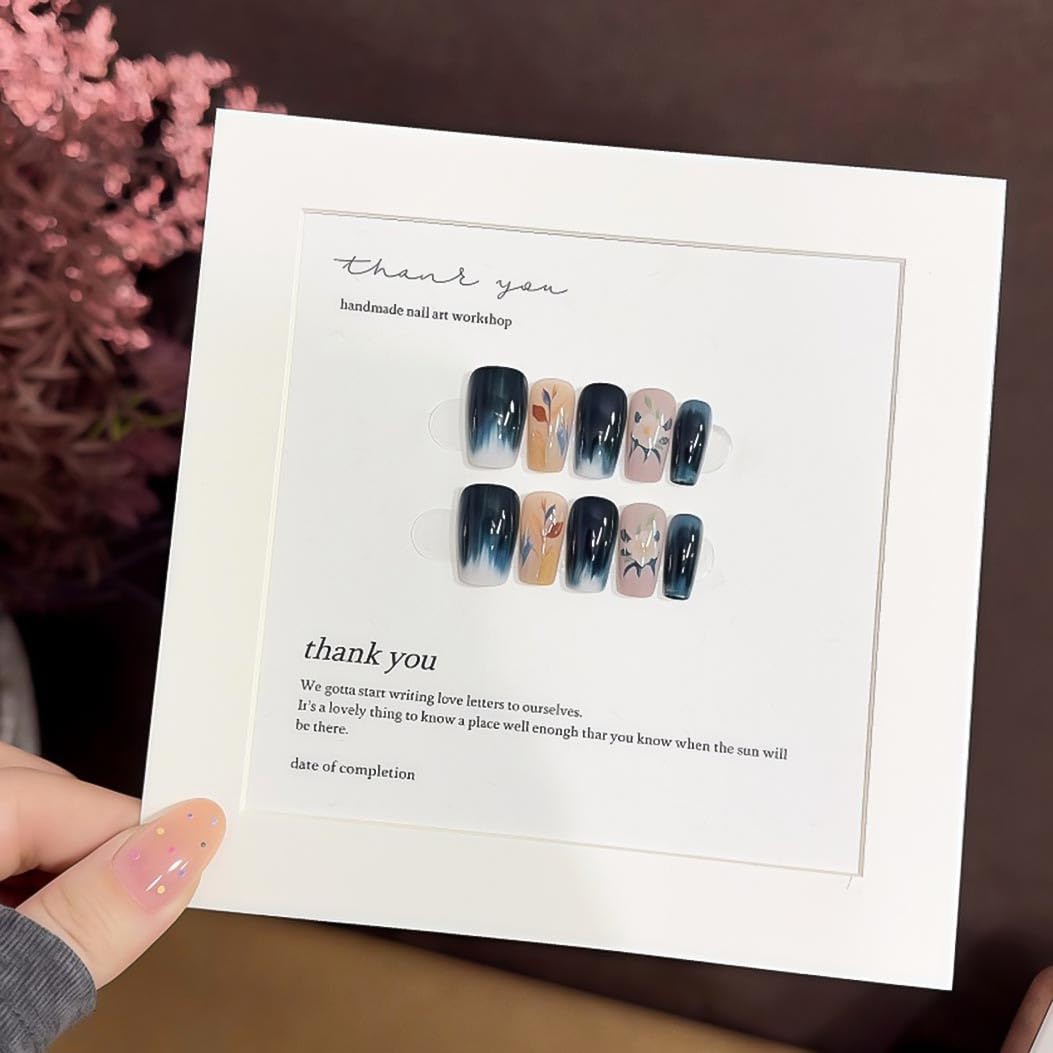 RikView Square Press on Nails Medium Fake Nails Dark Blue Nails with Flowers Design Glossy Full Cover Nails for Women 30 PCs/Set