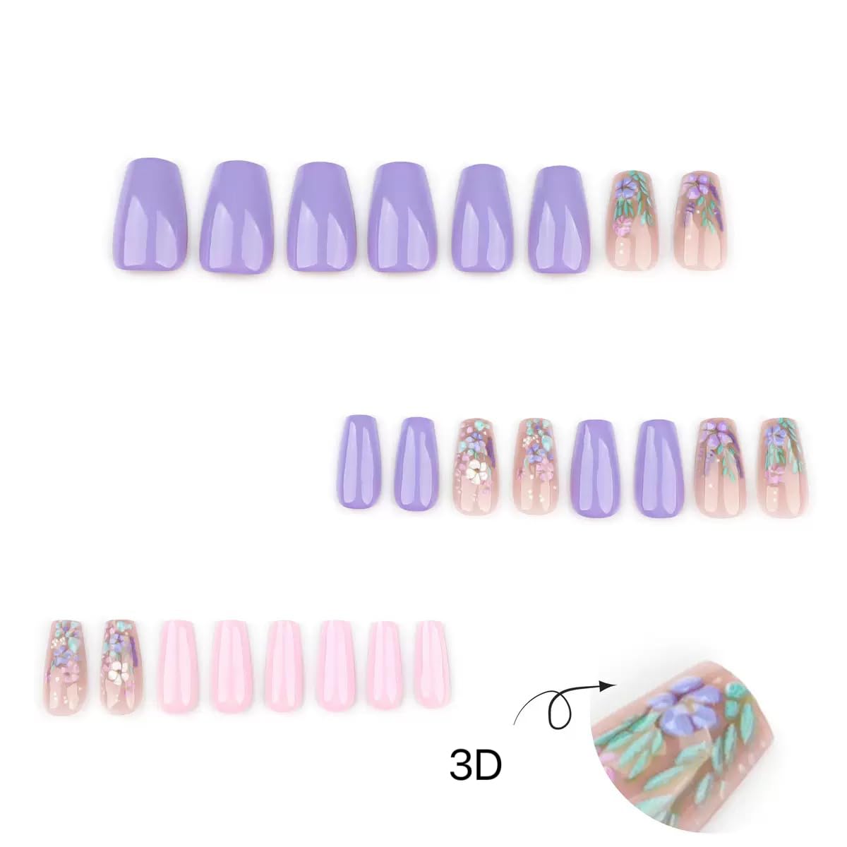 CTTHNBD Press on Coffin Nails - Medium Fake Nails with Flower Design - Purple False Nails Press ons - for Women 24 Pcs