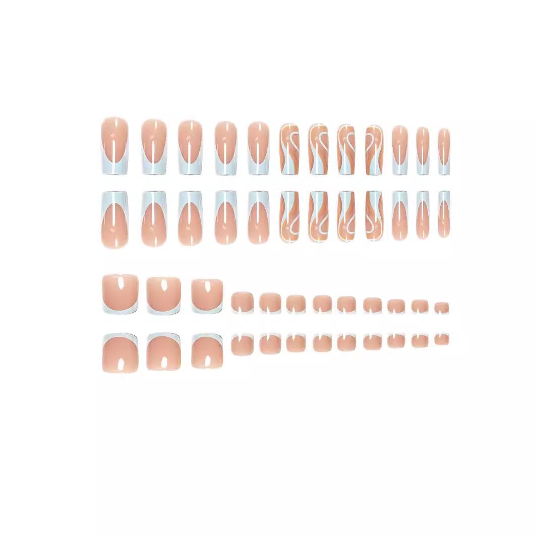 CTTHNBD Medium Press on Nails Square & Press on Toenails Set, Blue French Tip Fake Nails with Swirl Design - for Women 48 Pcs