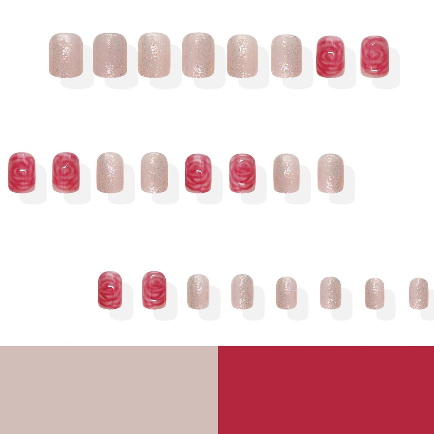 24Pcs Valentines Press on Nails Short Square Fake Nails Red Rose Flower False Nails Cute Floral Acrylic Glue on Nails Glitter Full Cover Nude Glossy Artificial Stick on Nail for Women Manicure Decor