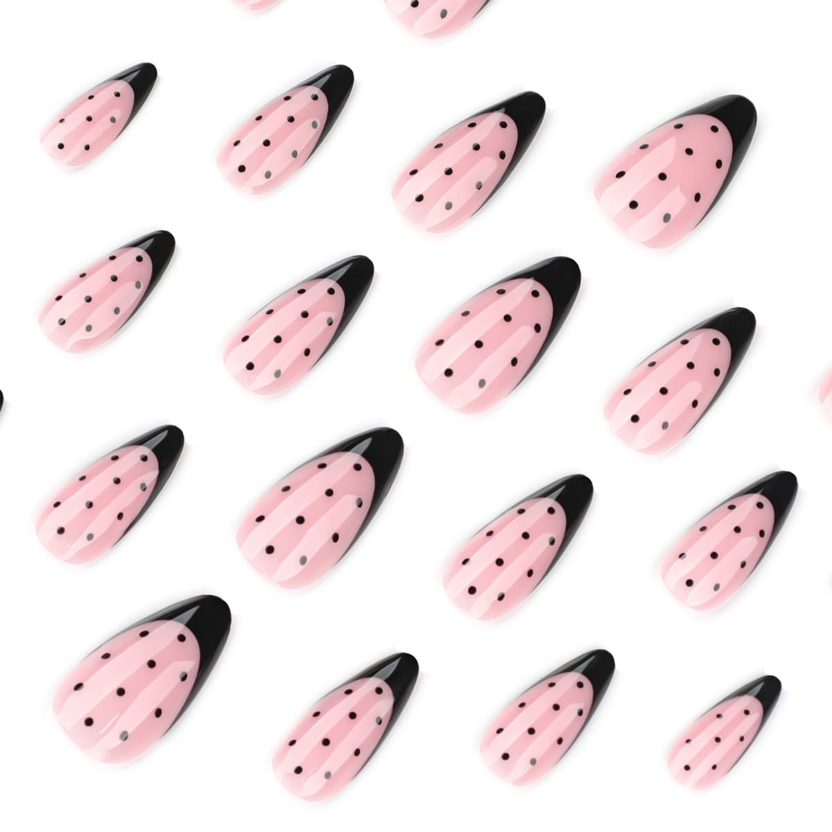 Black Fench Tip Press on Nails Medium Almond Fake Nails Cute Polka Dot Nails Press ons with Design Reusable Artificial Nail Full Cover Stick on Nails for Women Manicure 24Pcs