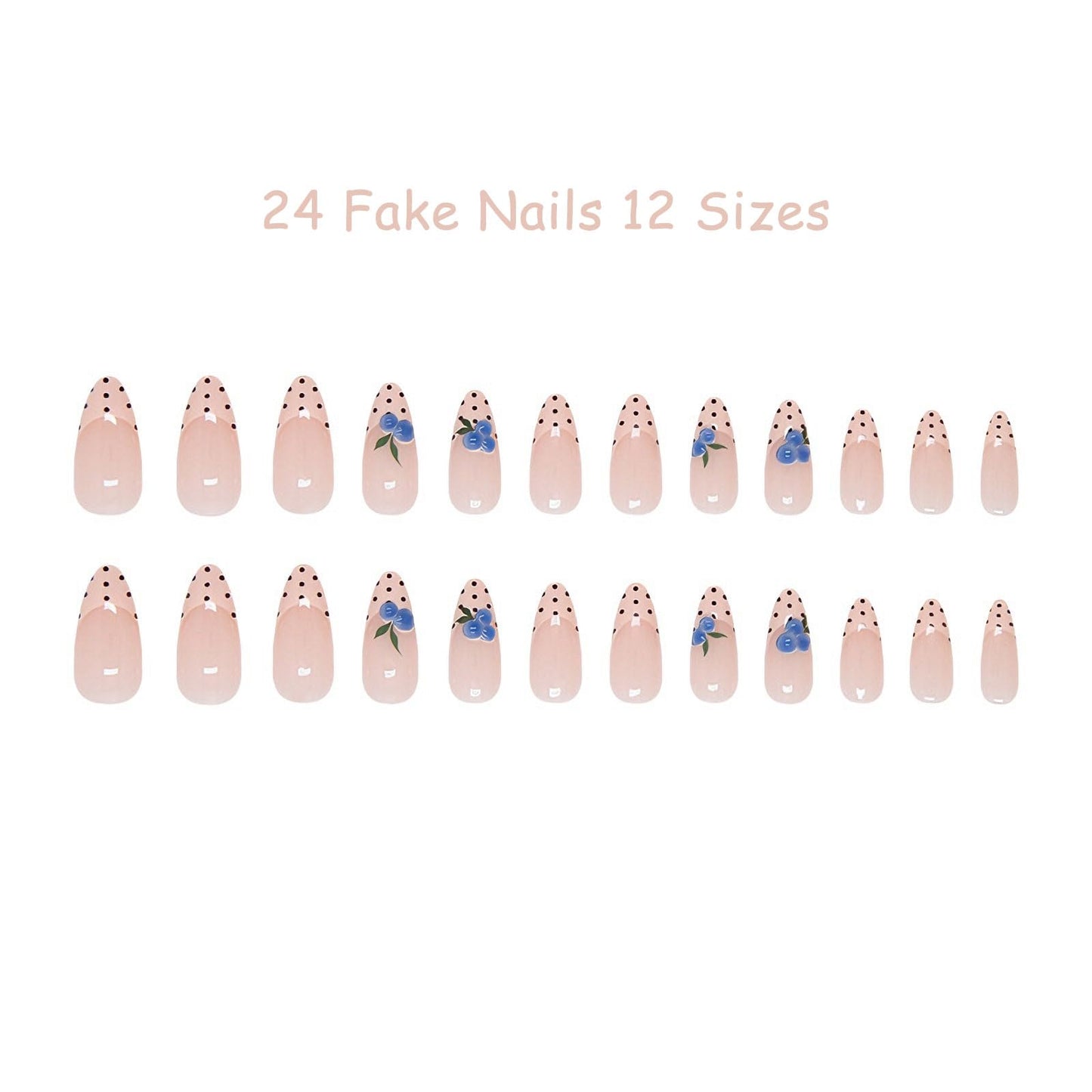 24Pcs Summer Pink Polka Dot Press on Nails Medium Almond, Cute Blueberry Designs French Tips, Glossy Full Cover Fake Nails, Reusable Glue on Nails with Acrylic Effect,Nude Nails Press ons for Women