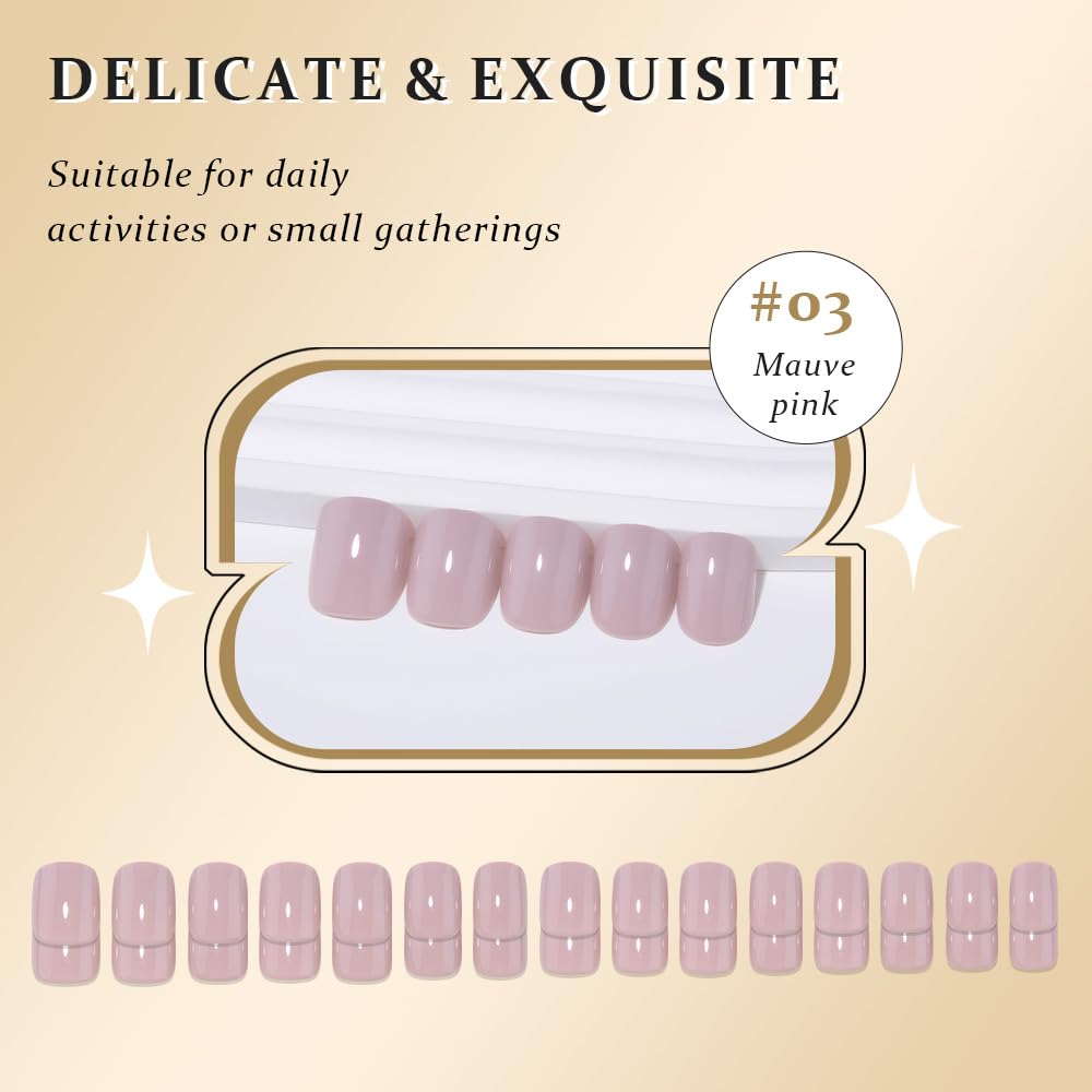 evpct Mauve Pink Glossy Press on Nails Short Square, Glossy Mauve Fake Nails Summer Reusable, Acrylic False Nail Stick on Press ons for Women Gifts, Perfectly Fit False Nail Kit with Kits 30Pcs