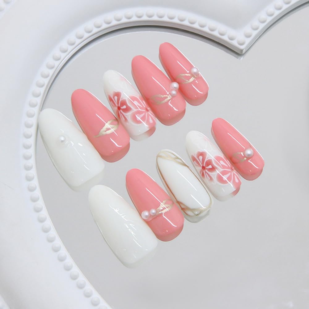 24 Pcs Summer Press on Nails Short Almond,MINGCHUN White Pink Fake Nails Press ons Acrylic Nail Art Tips Kit Full Cover False Nails Glue on Nails with Flowers Gilded Design for Women Nail Supplies