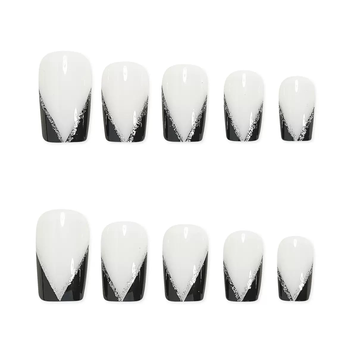 Square Press on Nails Medium - Black French Tip Fake Nails with Glitter Design - Wihte False Nails， Glossy Stick on - for Women 24 Pcs