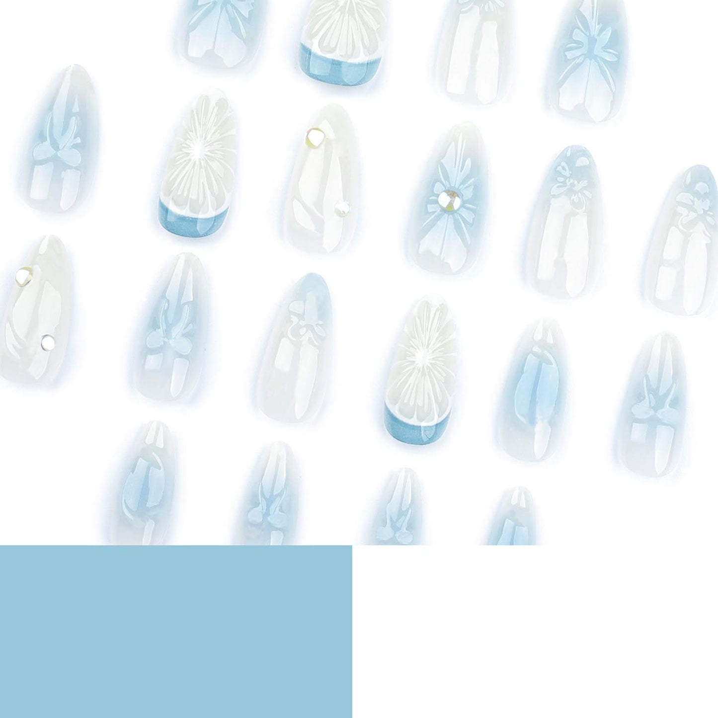 RIICFDD Press on Nails Short Fake Nails Almond False Nails Blue Ombre Nails Press ons Bow Lemon Stick on Nails Rhinestone Nail Charms Full Cover Glossy Glue on Nails for Women Nail Art 24 Pcs