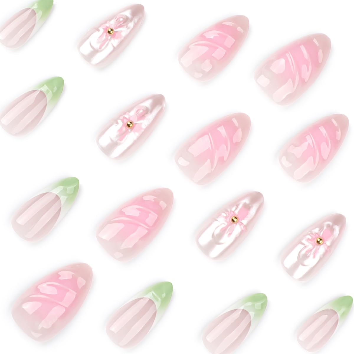 Pink Green Press on Nails Medium Almond Fake Nails French Tip Nails Press ons with 3D Flower Design Reusable Artificial Nails Full Cover Stick on Nails for Women Manicure 24Pcs