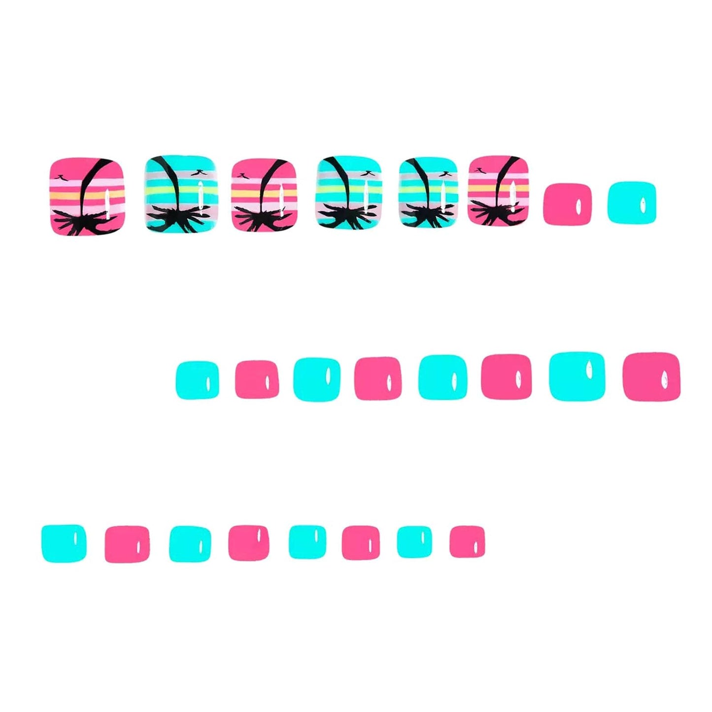 Summer Press on Toenails Pink Green Fake Toe nails with Black Coconut Tree White Yellow Grey Lines Design Glossy Short Square Toe nails Press ons Acrylic Stick on Toenails for Women 24Pcs