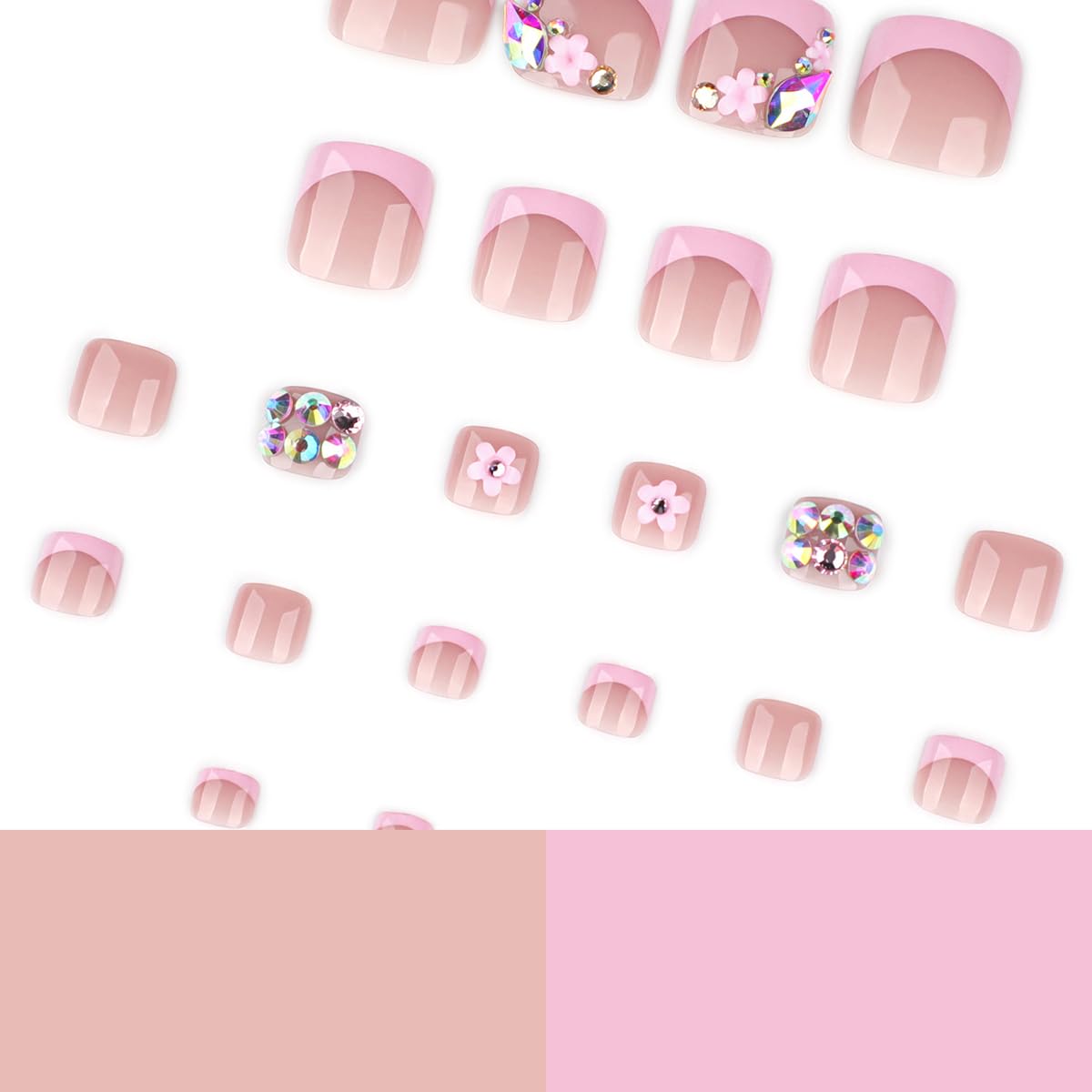 yefiuo Handmade Press on Toenails Pink French Toe Press on Nails Tips Kit Fake Toe Nails Press ons False Toenails Flower Rhinestones Acrylic Glue on Nails Stick on Nails for Women Nail Supplies 24Pcs