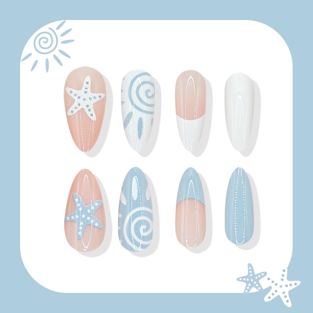 QUNQINLI Medium Almond French Tip Press on Nails Summer Fake Nails Press ons Nail Tips Kit with Sun Starfish Design Blue White False Nails Full Cover Nude Glossy Glue on Nails for Women 24 Pcs