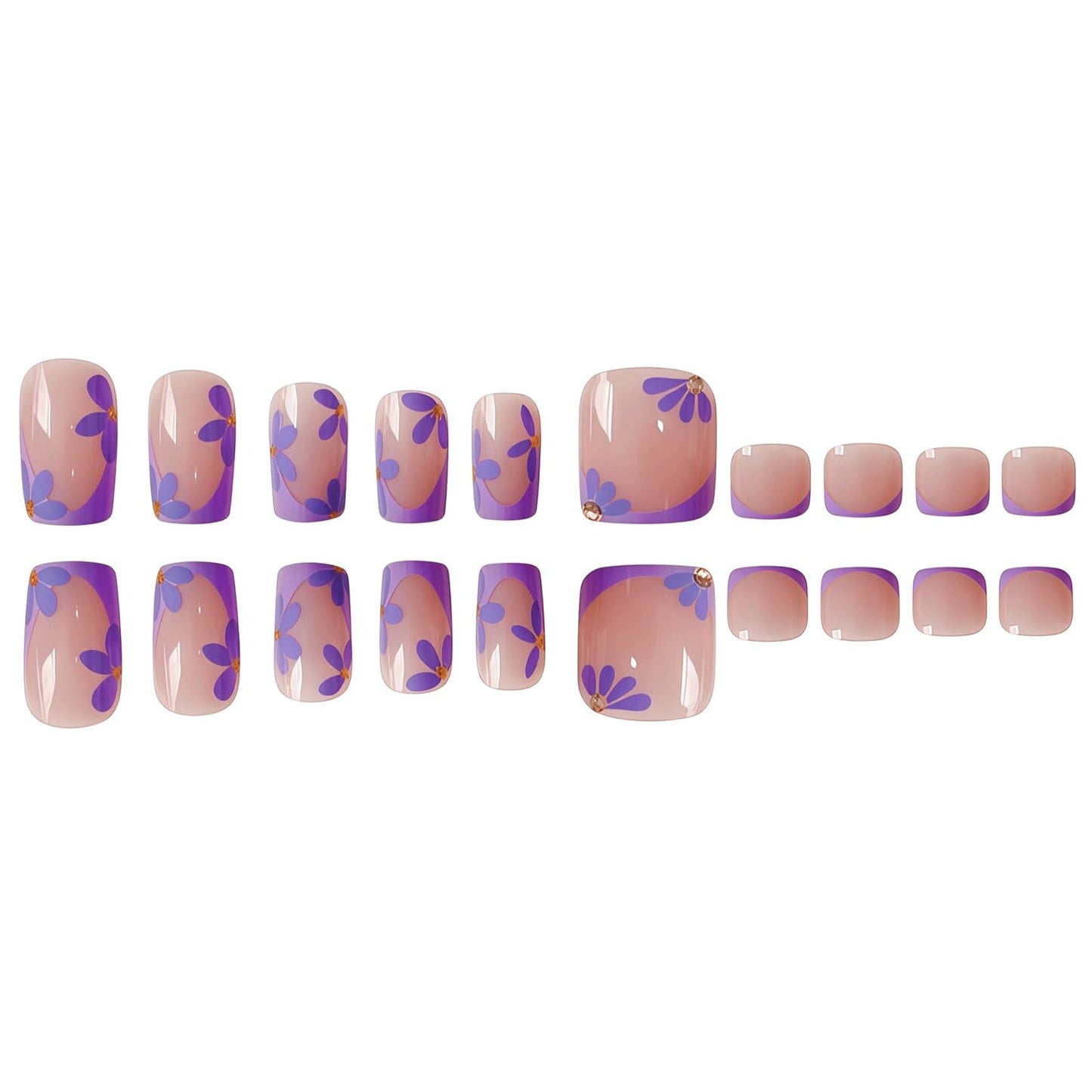 48 Pcs Purple French Tip Press On Nails Square & Press On Toenails Set Purple Flower Fake Nails Spring Floral Toe Nails Press Ons Glossy Full Cover Stick On Toe Nails For Women Gilrs Manicure