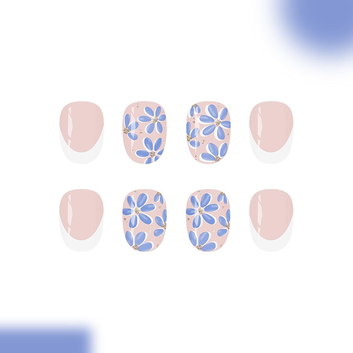 White French Tip Press on Nails Short Almond Fake Nails False Nails with Blue Flower Glitter Designs Glossy Glue on Nail Summer Spring Acrylic Nails for Women Girls 24Pcs
