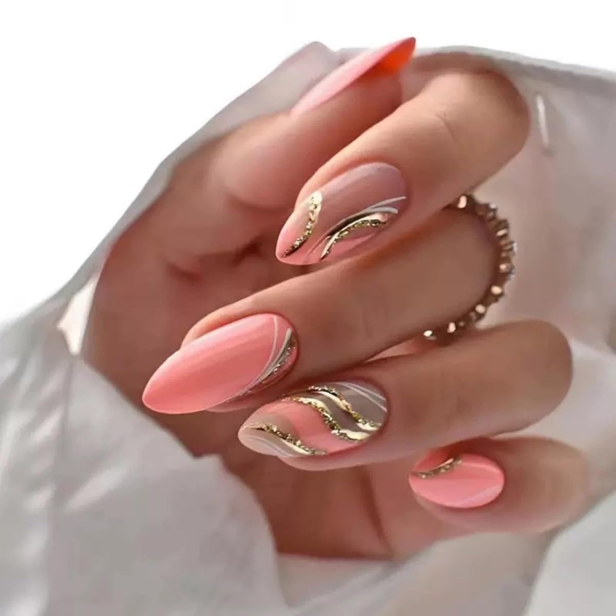 6 Packs (144 Pcs) Press on Nails Medium Almond Fake Nails Swirls False Nails with Designs Glitter Line Glue on Nails Full Cover Glossy Acrylic Stick on Nail for Women Manicure