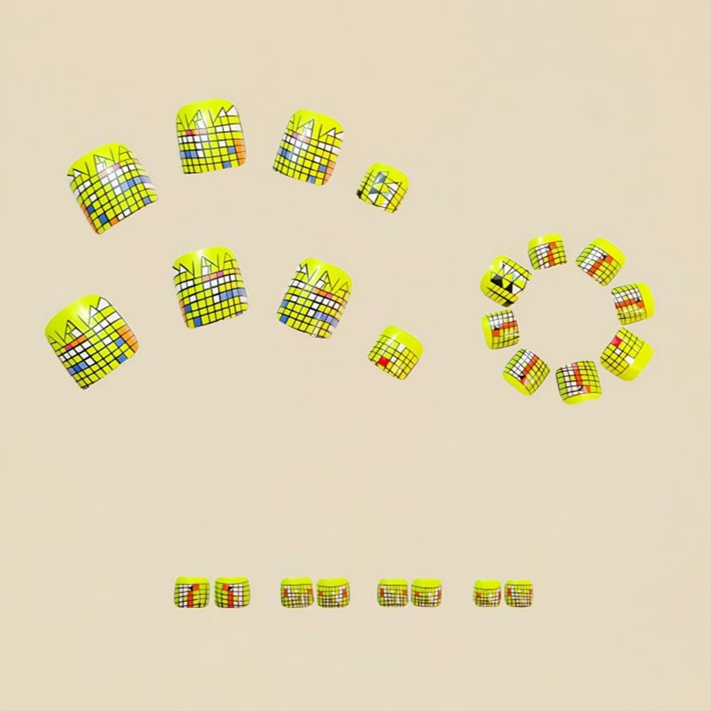 Chessboard Press on Toenails Short Square False Toenails with Yellow Design Full Cover Fake Toe Nails Cute Spring Stick on Toenails Glossy Summer Glue on Toenails for Women Girls Manicure 24Pcs