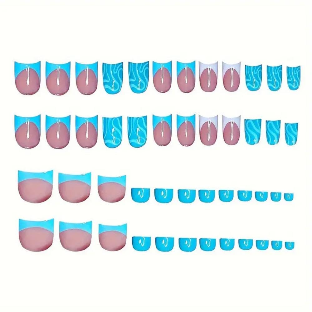 48Pcs Blue Press on Toenails Short Square Press on Nails Blue White French Tips False Nails with Water Ripple Design Glossy Skintones Fake Toenails Summer Fake Nails Kit for Women Girls Manicure