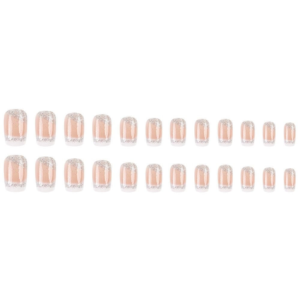 Square Press on Nails Medium French Tips Fake Nails Silver Glitter Acrylic Nails Press ons White Ombre Glue on Nail Shiny Stick on Nail Nude False Nails for Women Girls Nails Decoration 24Pcs