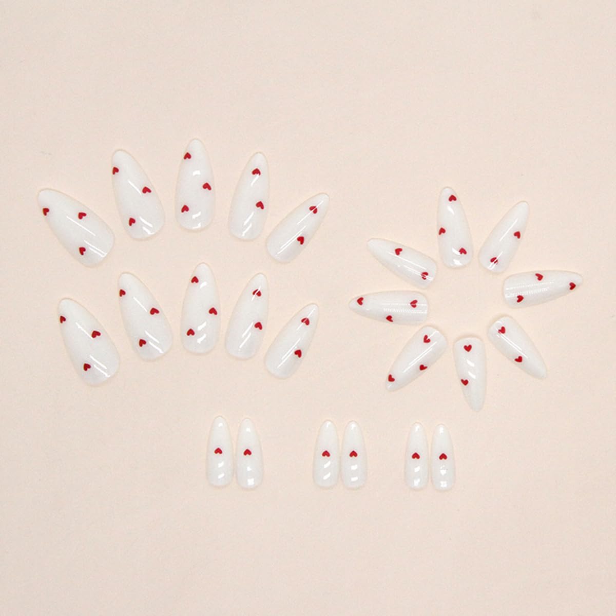 24Pcs Valentines Press on Nails Medium Almond Fake Nails Milky White False Nail Tip Kit with Red Heart Designs Cute Glue on Nails Full Cover Acrylic Stick on Nail for Women Girlfriend Gift