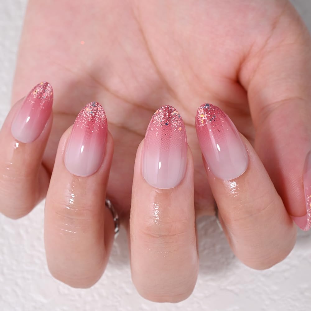 evpct Ombre Peach Pink Press on Nails Short Almond, Sparkle Tip Nail Glossy Stick on Nail for Women Gift with Manicure Kit, Reusable Full Cover Soft Stick on Fake Nails with Ombre Design Perfectly Fit