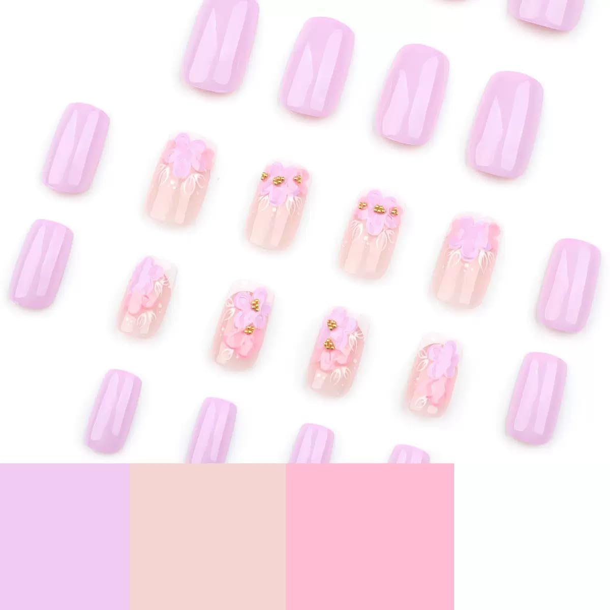 CTTHNBD Press on Nails - Medium Square Fake Nails with Floral Design - Purple Full Cover Stick on False Nails - for Women 24 Pcs