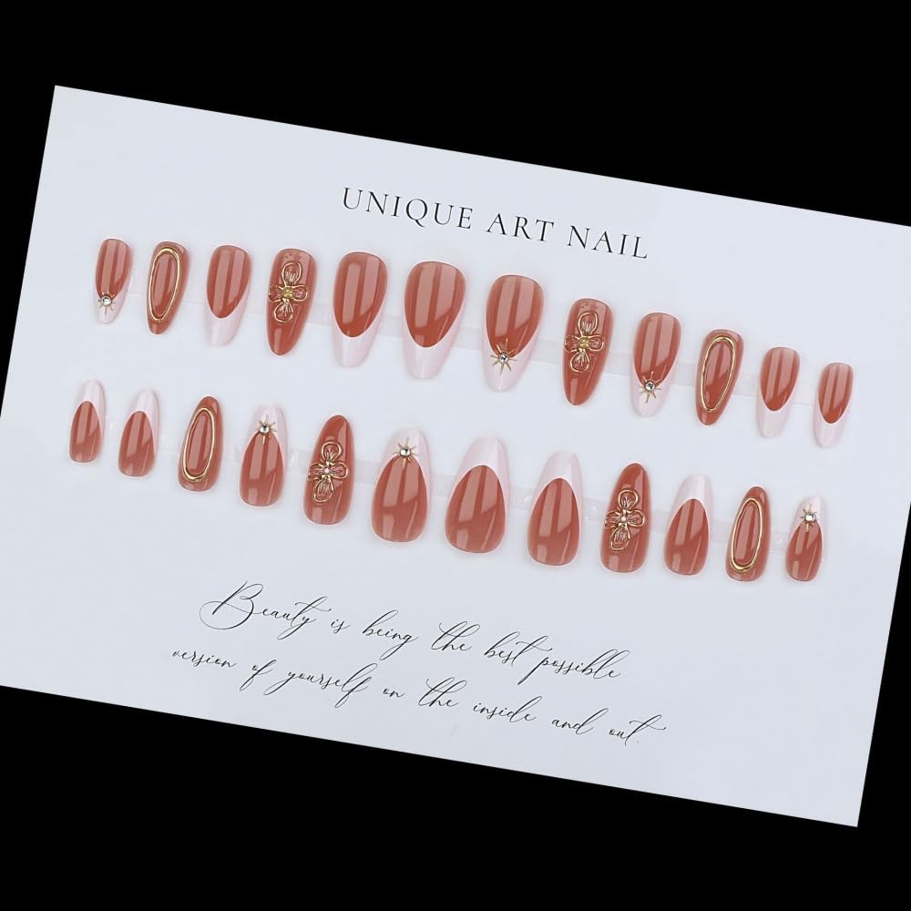 Ombre Press on Nails Medium Almond Fake Nails with Gold Flowers Design Glossy White French Tips Glue on Nail Gold Lines Nails Press ons Reusable Full Cover Spring Summer Nail for Women Manicure 24Pcs