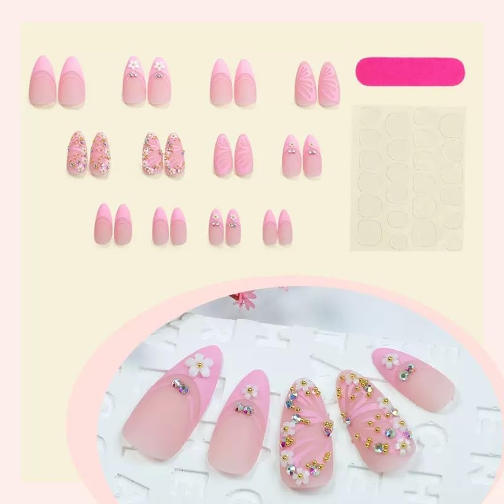 CTTHNBD Medium Press on Nails Almond - Pink Fake Nails with Butterfly Flower Design - French Tip Stick on False Nails - for Women 24 Pcs