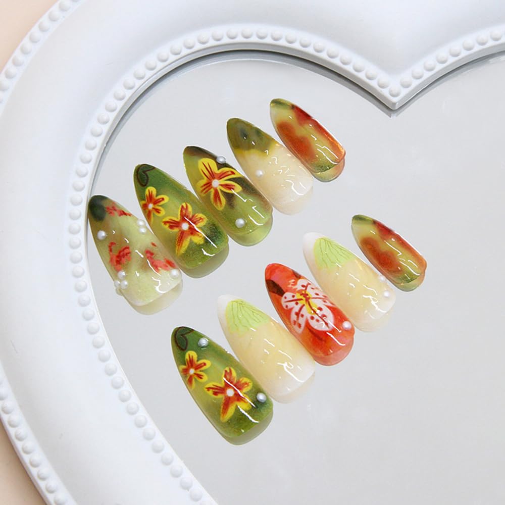 24 Pcs Retro Green Press on Nails Short Almond,MINGCHUN Fall Fake Nails Press ons Acrylic Nail Art Tips Kit Full Cover False Nails Glue on Nails with Flowers 3D Texture Design for Women Nail Supplies