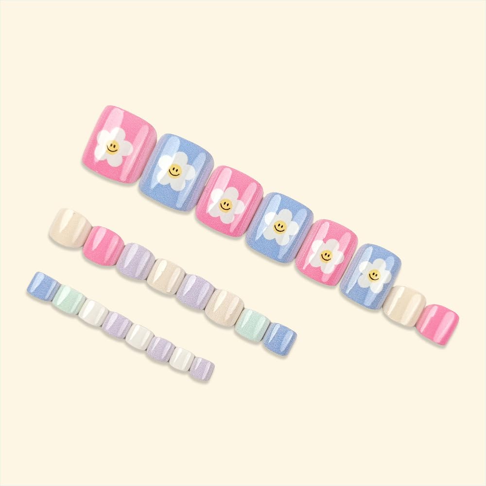 Flower Press on Toenails Short Square False Toenails with Smiling Face Design Light Blue Fake Toe Nails Glossy Summer Stick on Toenail Cute Spring Glue on Toenail for Women Girls Manicure 24Pcs