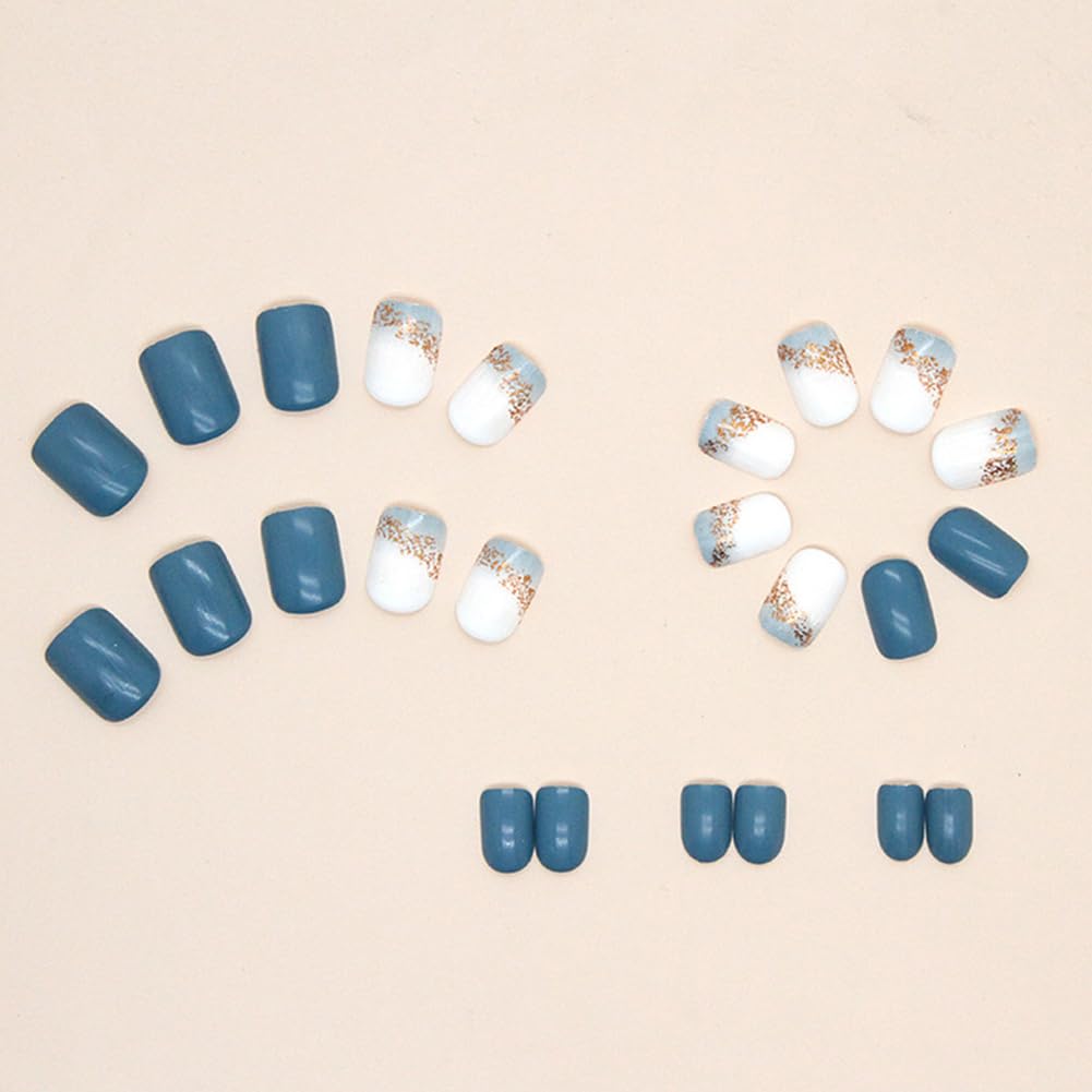 Press On Nails - Short, Glossy Blue False Nails with Glitter Designs, 24Pcs