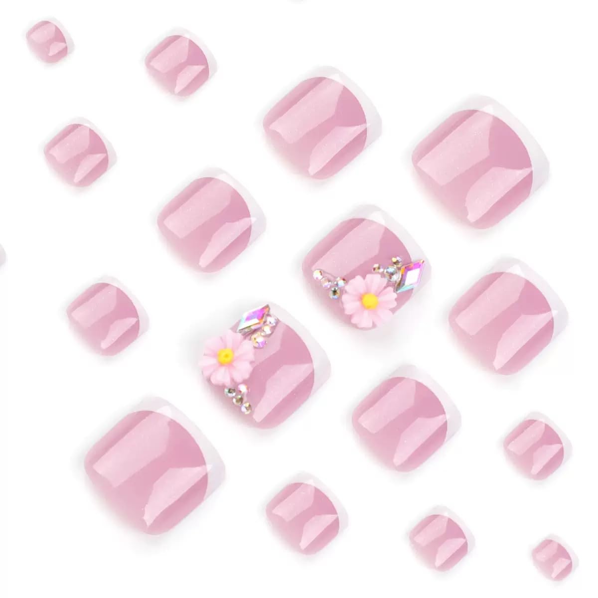 CTTHNBD Press on Toenails - White French Tip Fake Nails - Flower, Short Square, Summer Press on Toe Nails - for Women 24 Pcs