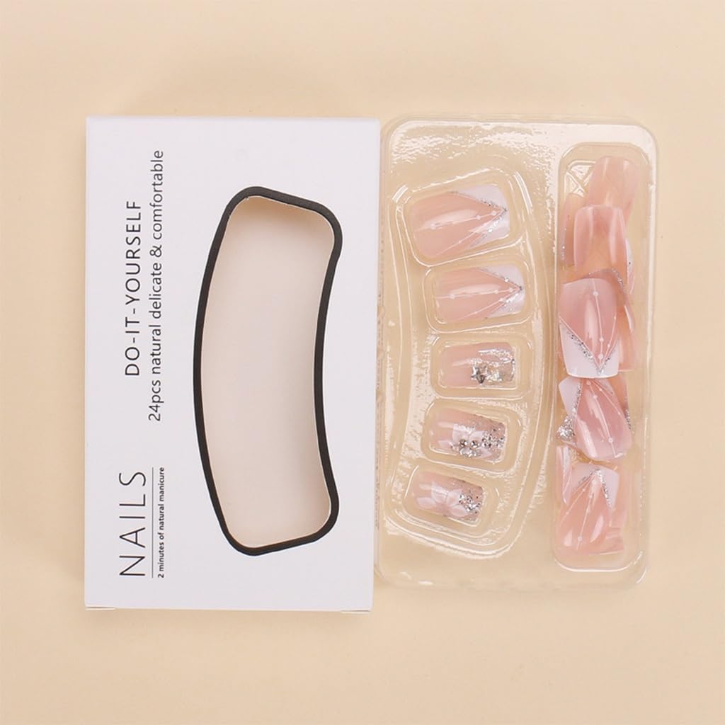 CTTHNBD Square Press on Nails Short - White French Tip Fake Nails with Flower Design - Glitter Glossy Full Cover Stick on Nails - for Women 24 Pcs