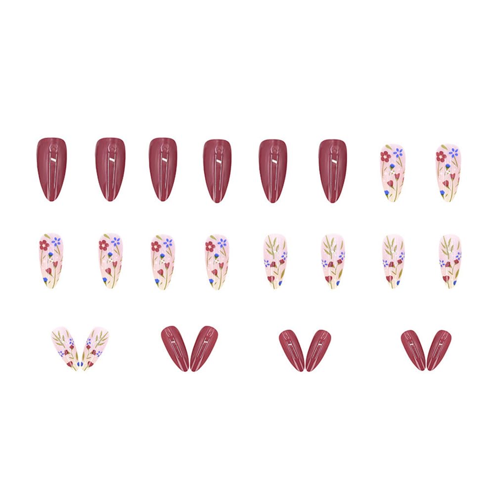 Hiynef 24Pcs Short Almond Press On Nails for Women – Glossy Acrylic Fake Nails with Floral Design, Reusable Full Cover Stick On Nails for Women & Girls