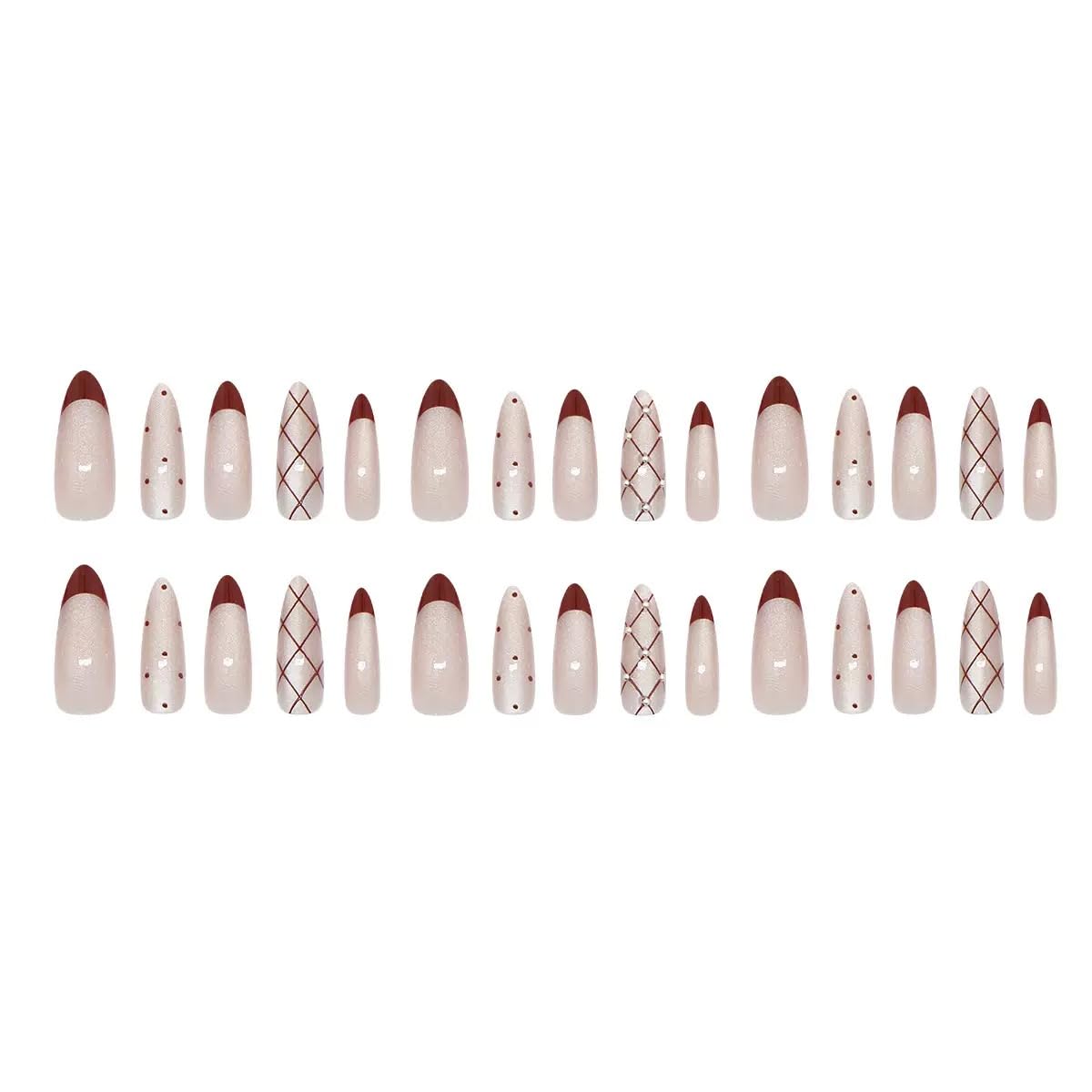 C.Z.Z.T.T.NAILS Press On Nails,Long Almond Red Glitter French Fake Nails for Women,30pcs with Jelly Glue,Reusable, Perfect for Holiday Parties or Gifts