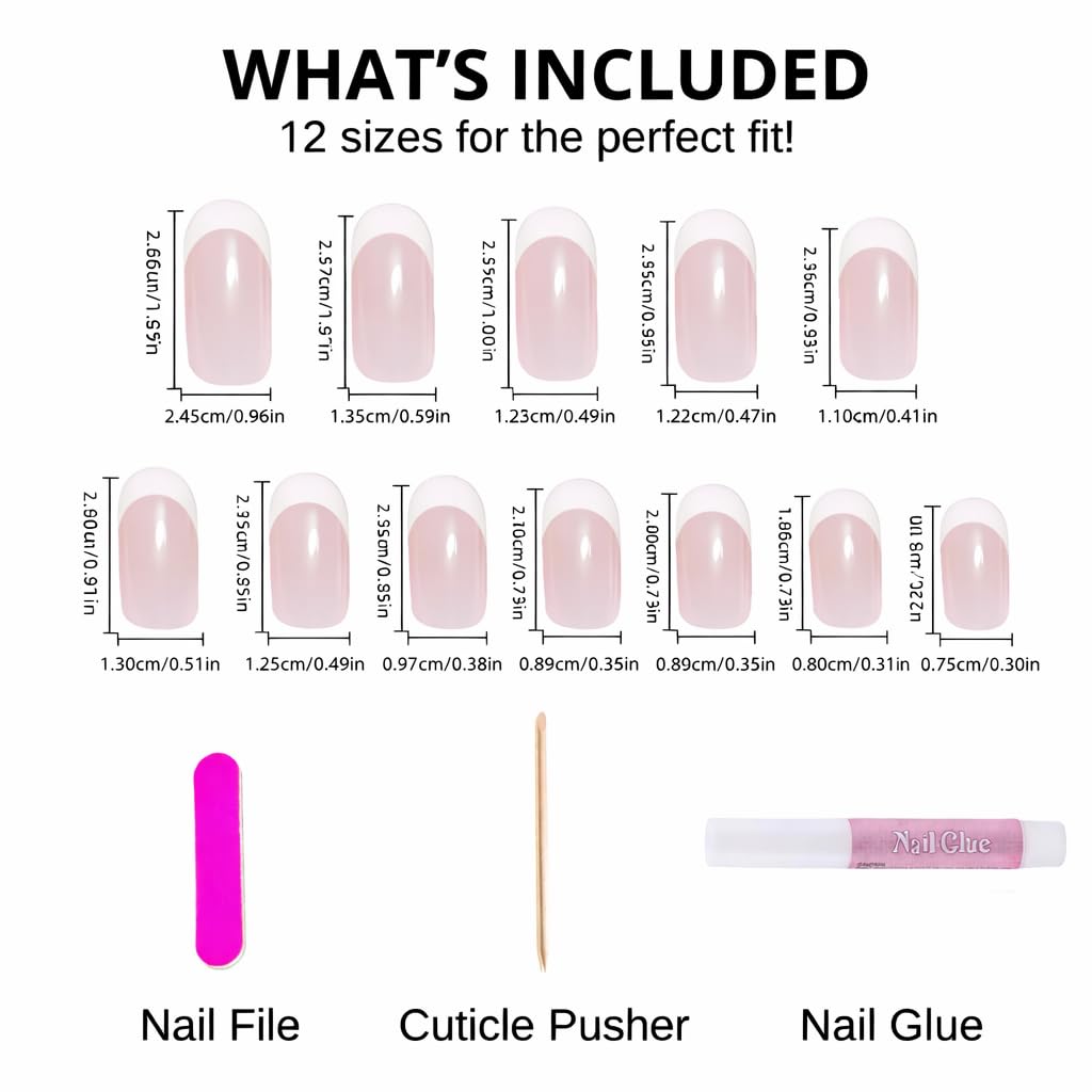 The Beauty Palace Clean Girl French Almond Press-On Nails – Soft Nude Base with White Tips, Glossy Finish, 24-Piece Set