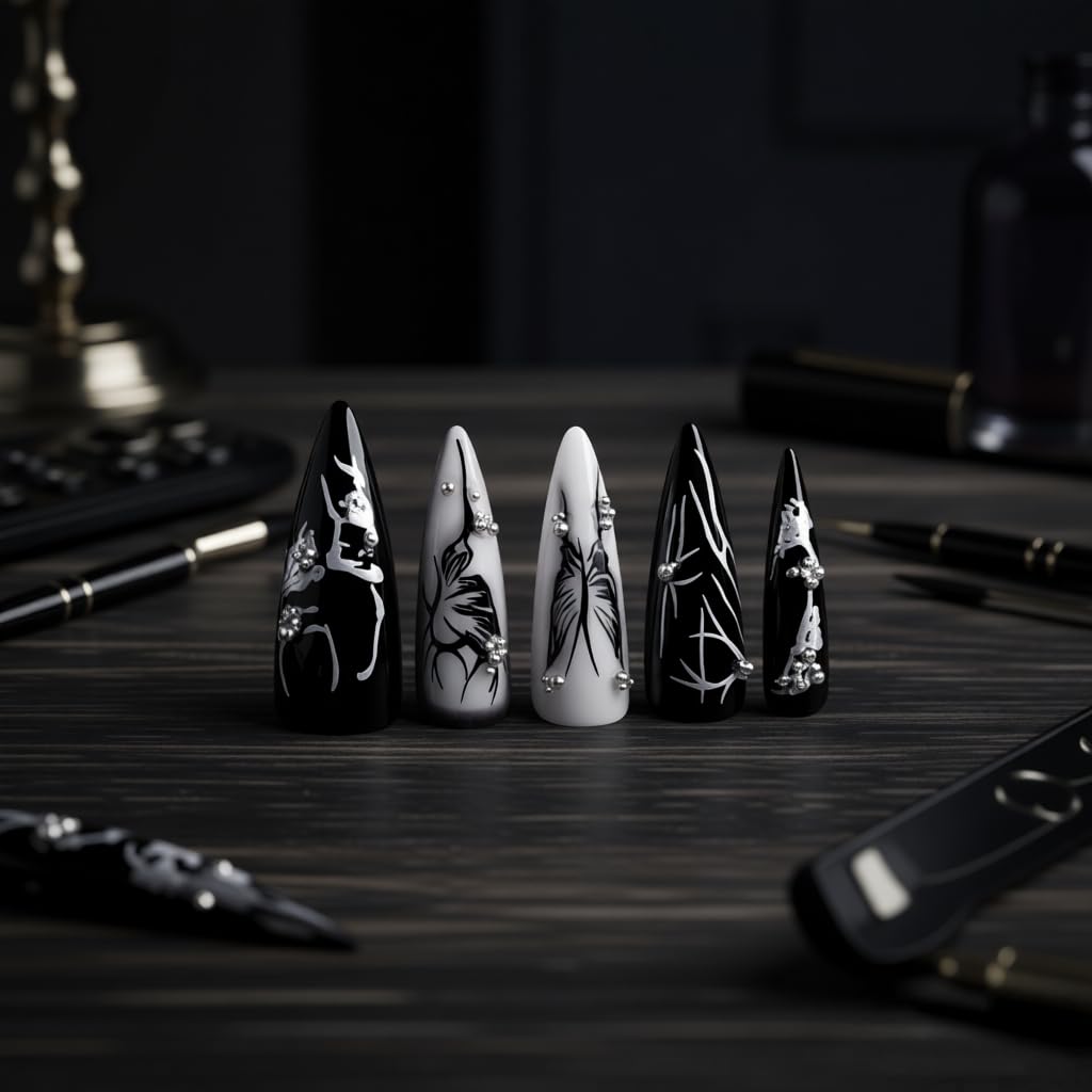 LTXHZYYL Black Press on Nails, 24 Pcs Long Black Almond Nails with Gothic Butterfly & Heart Design【Upgraded 】Reusable Full Cover False Nails Kit with Nail Glue (Dark Fantasy)