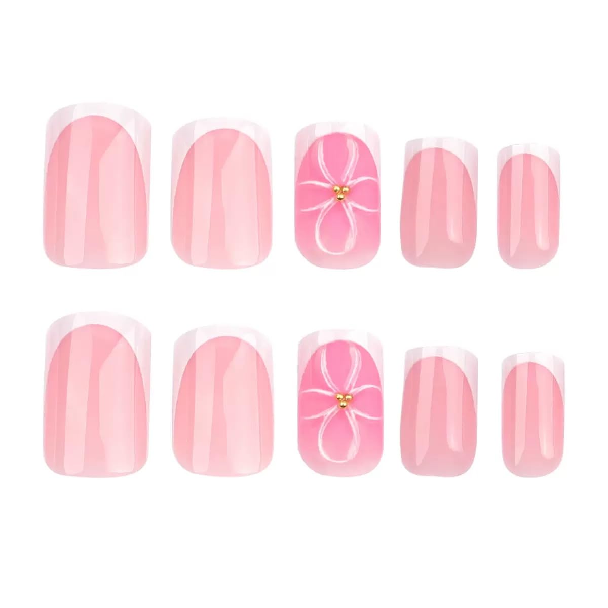 CTTHNBD Square Press on Nails - Short Fake Nails with Flower Design - White French Tip, Spring False Nails for Women - 24 Pcs