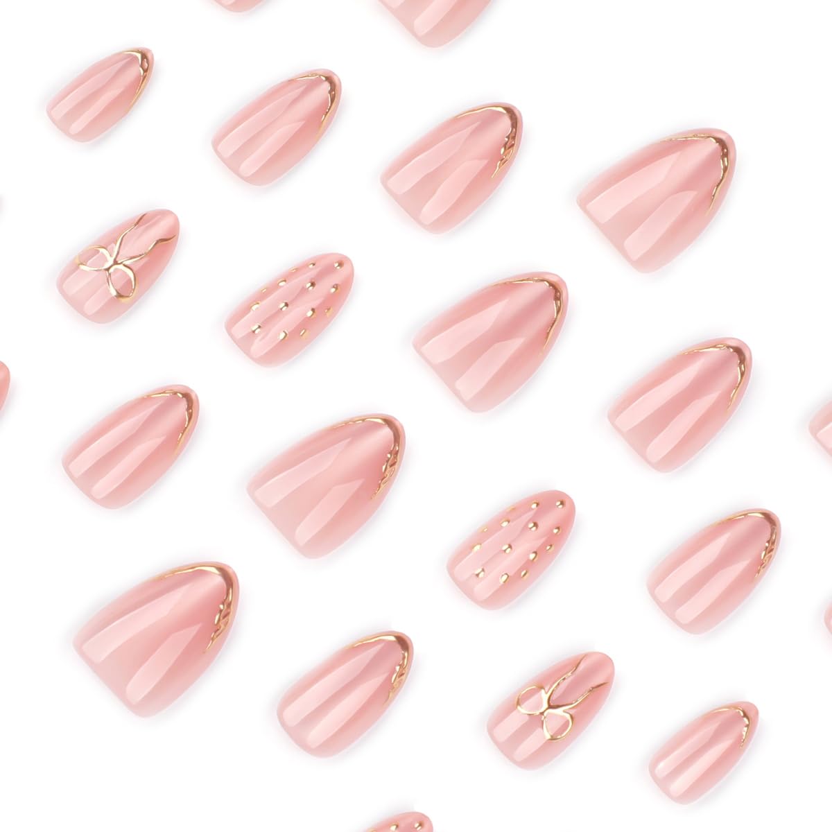 Nude Press on Nails Short Almond Fake Nails Cute Nails Press ons with Gold Bow,Polka Dots Design Reusable Artificial Nail Full Cover Stick on Nails for Women Manicure 24Pcs