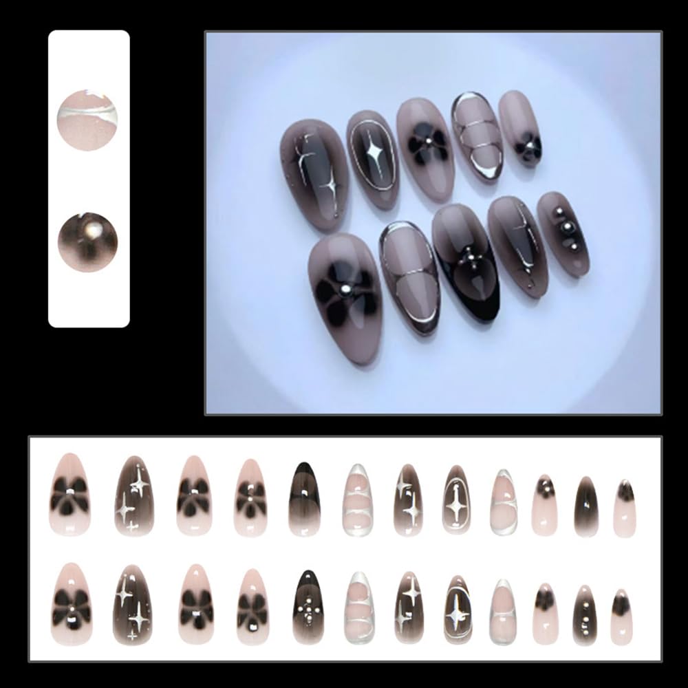 24 Pcs Pink Press on Nails Short Almond,MINGCHUN Black Ombre Fake Nails Press ons Acrylic Nail Art Tips Kit Full Cover False Nails Glue on Nails with Flower Silver Starburst Design for Women