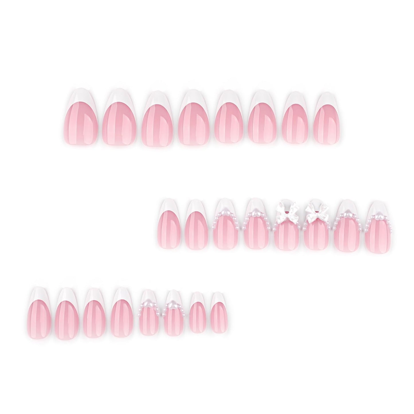 24Pcs White French Tip Press on Nails Medium Fake Nails with Cute Bow Pearl Charms Design,White French Press on Pink Stick on Nail Almond Shaped Acrylic Nail Heart Nails Cute False Nail for Women